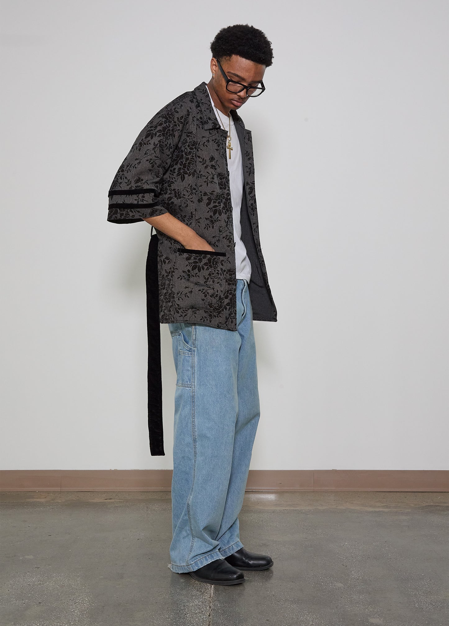 Damask Kimono Shirt in Black
