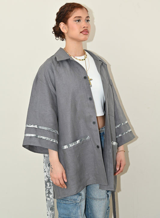 Belted Kimono Shirt in Storm Grey Linen