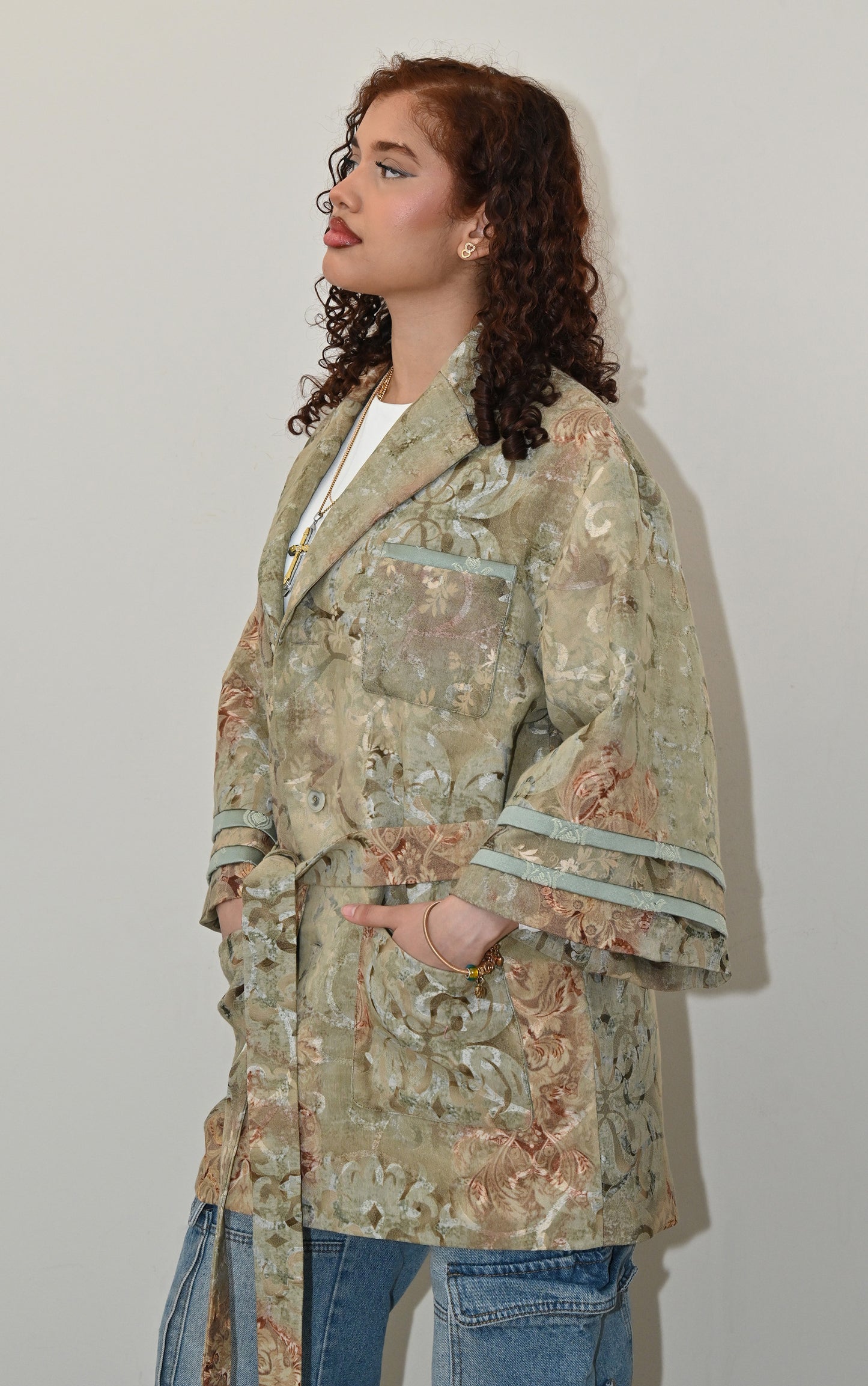 Baroque Garden Kimono Blazer in Ash Green