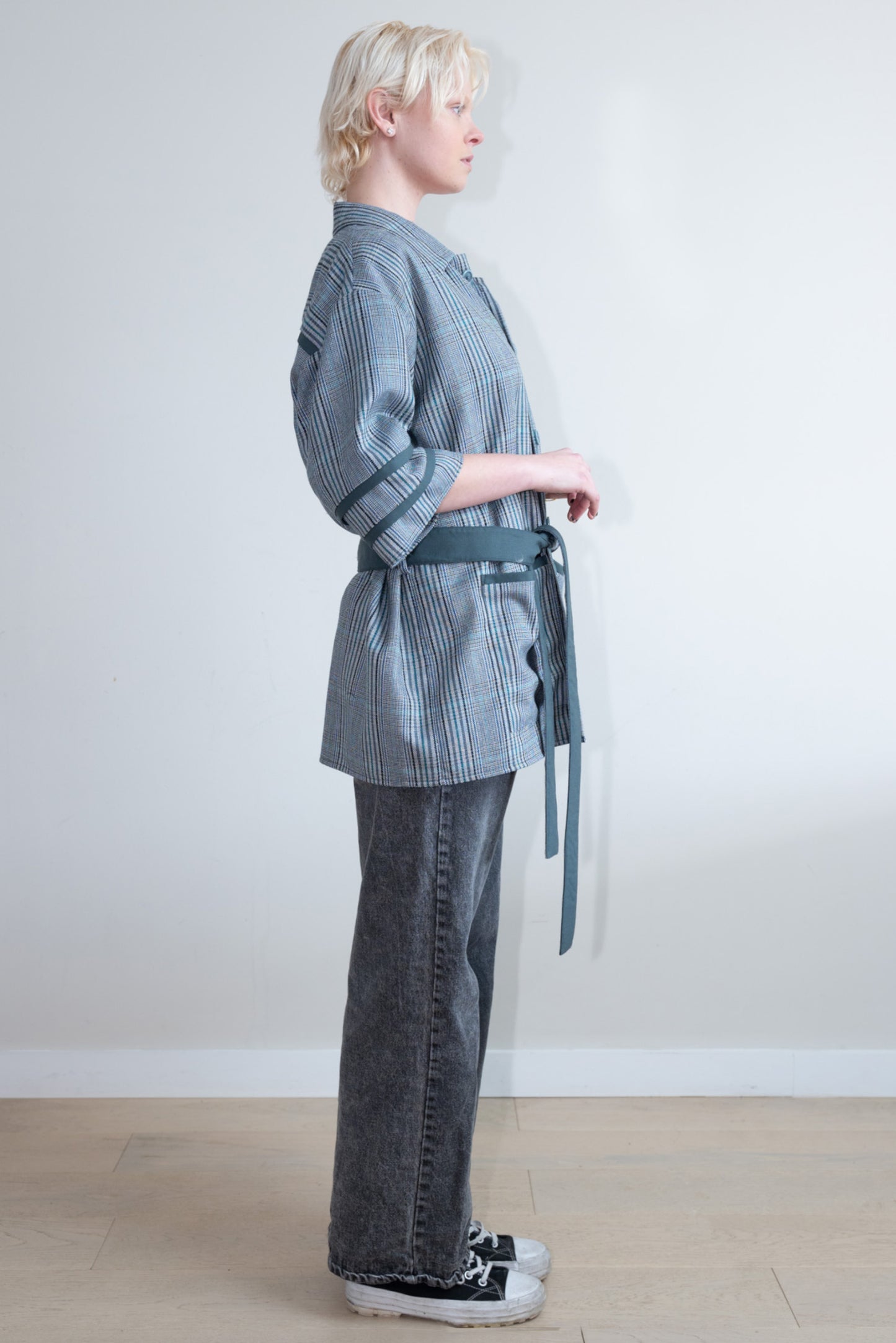 Teal Gray Twill Check Kimono Shirt