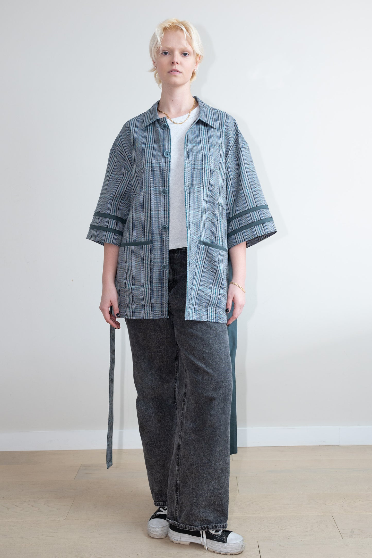 Teal Gray Twill Check Kimono Shirt