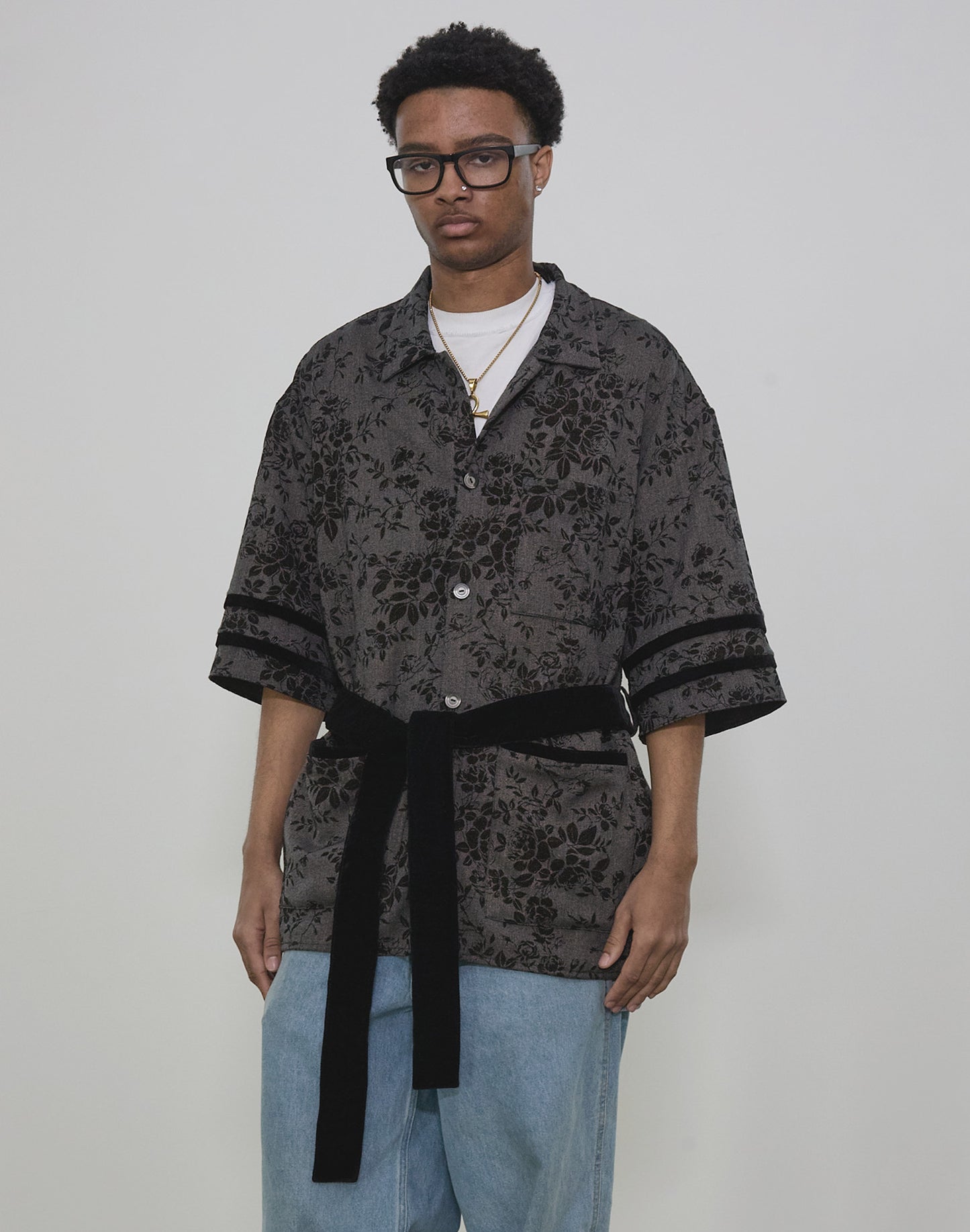 Damask Kimono Shirt in Black