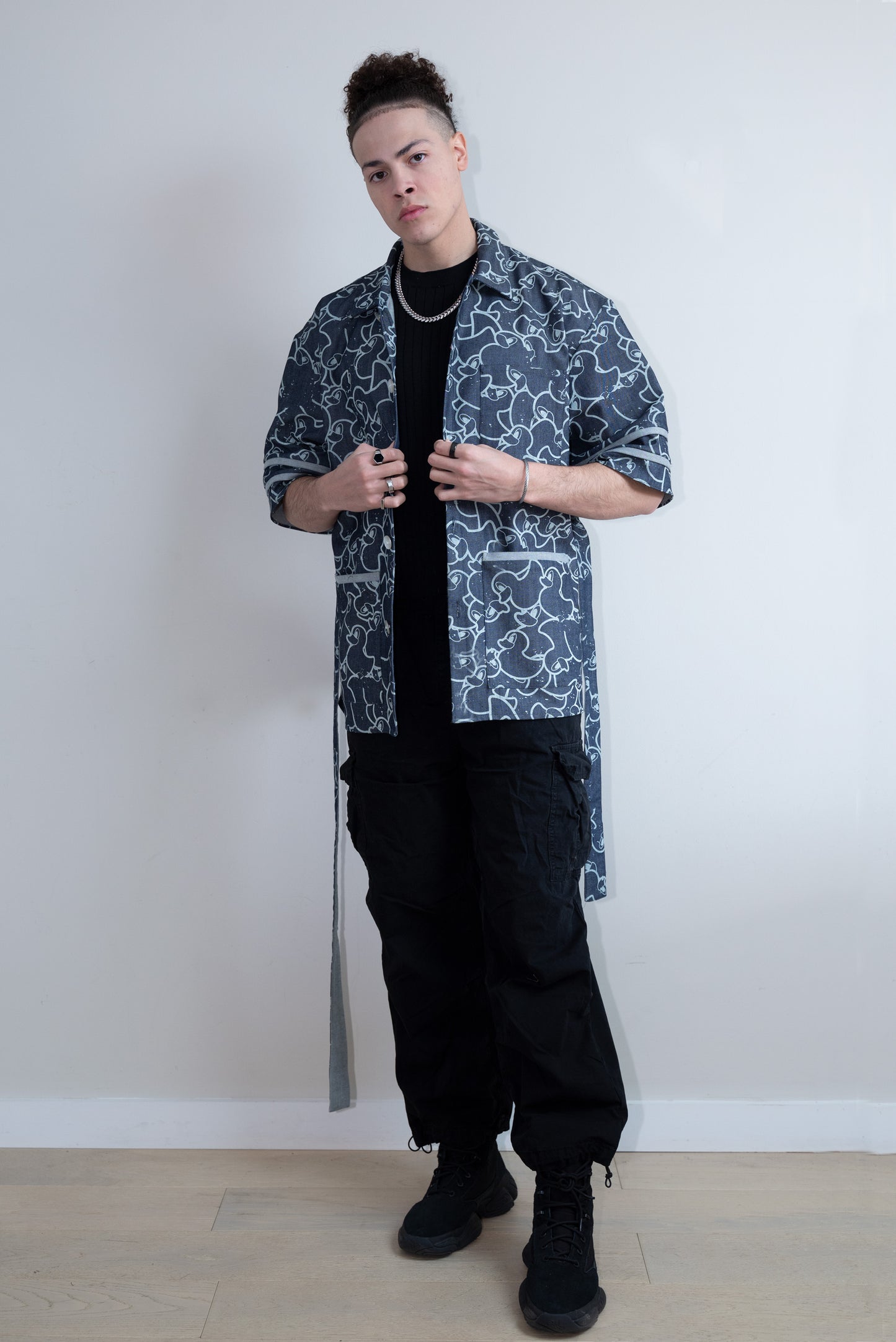 Graphic-Print Denim Kimono Shirt