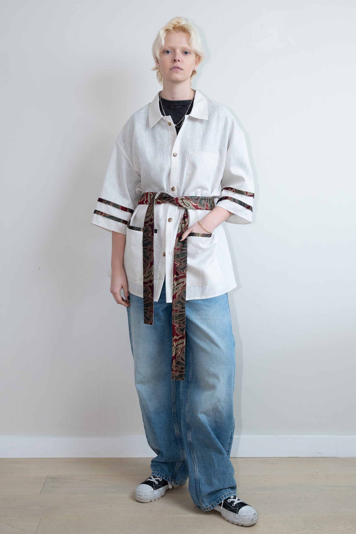 Belted Beige Linen Kimono Shirt
