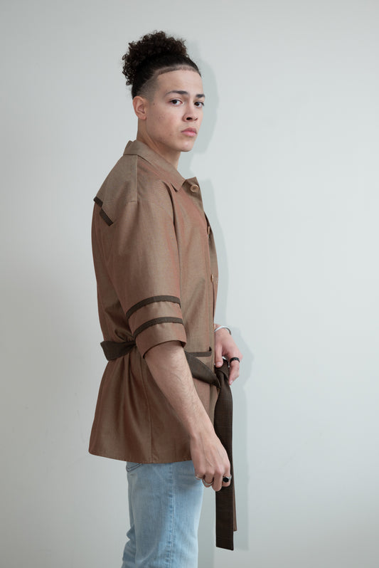 Belted Mocha Brown Wool Kimono Shirt