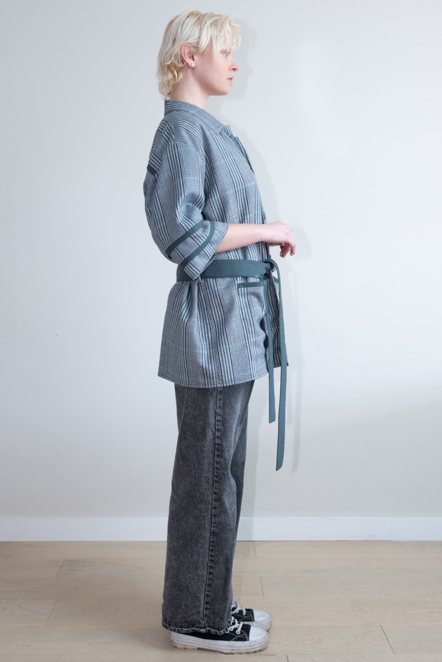 Belted Teal Gray Twill Check Kimono Shirt
