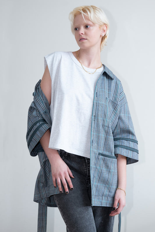 Teal Gray Twill Check Kimono Shirt