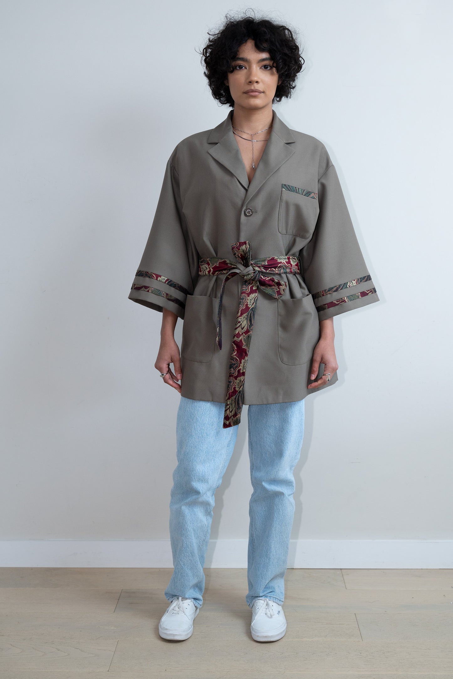 Belted Khaki Green Wool Kimono Blazer