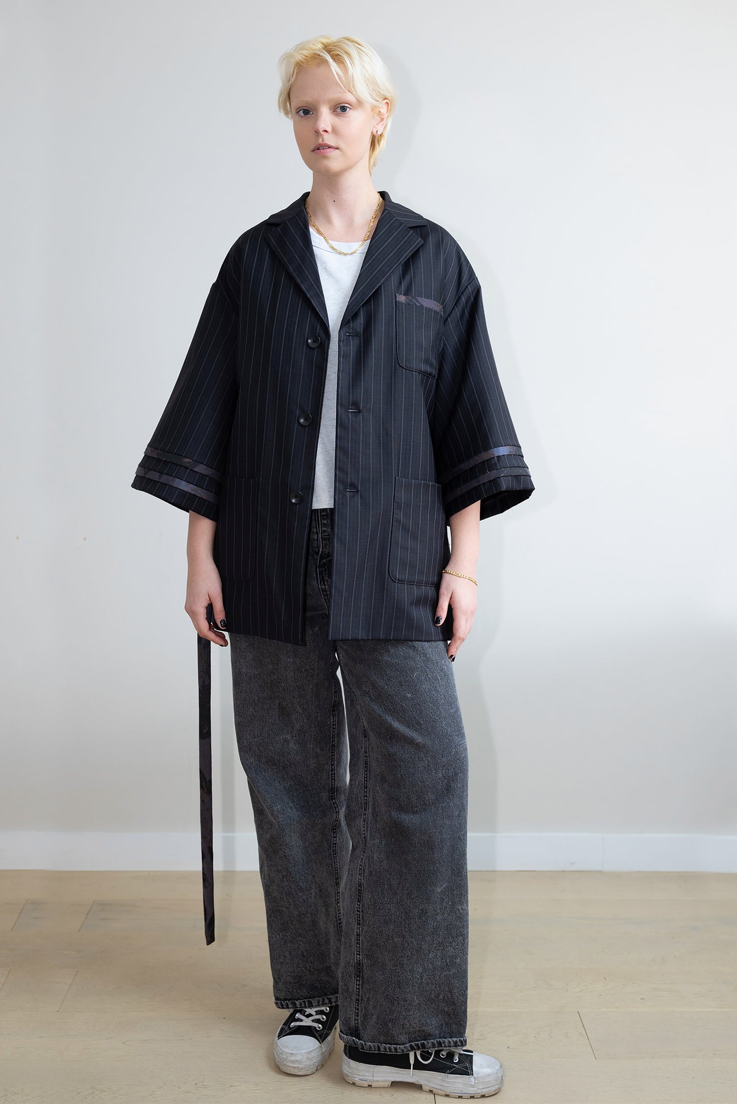 Belted Black Wool Kimono Blazer